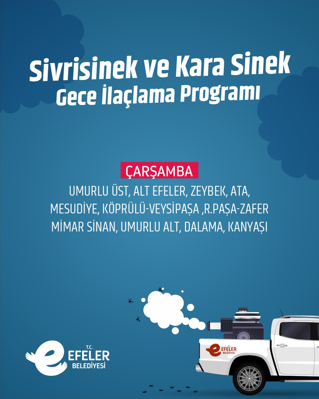 EFELER’DE SİNEKLERLE MÜCADELE ÇALIŞMALARINA BİR YENİSİ DAHA EKLENDİ  GECE İLAÇLAMALARI BAŞLADI