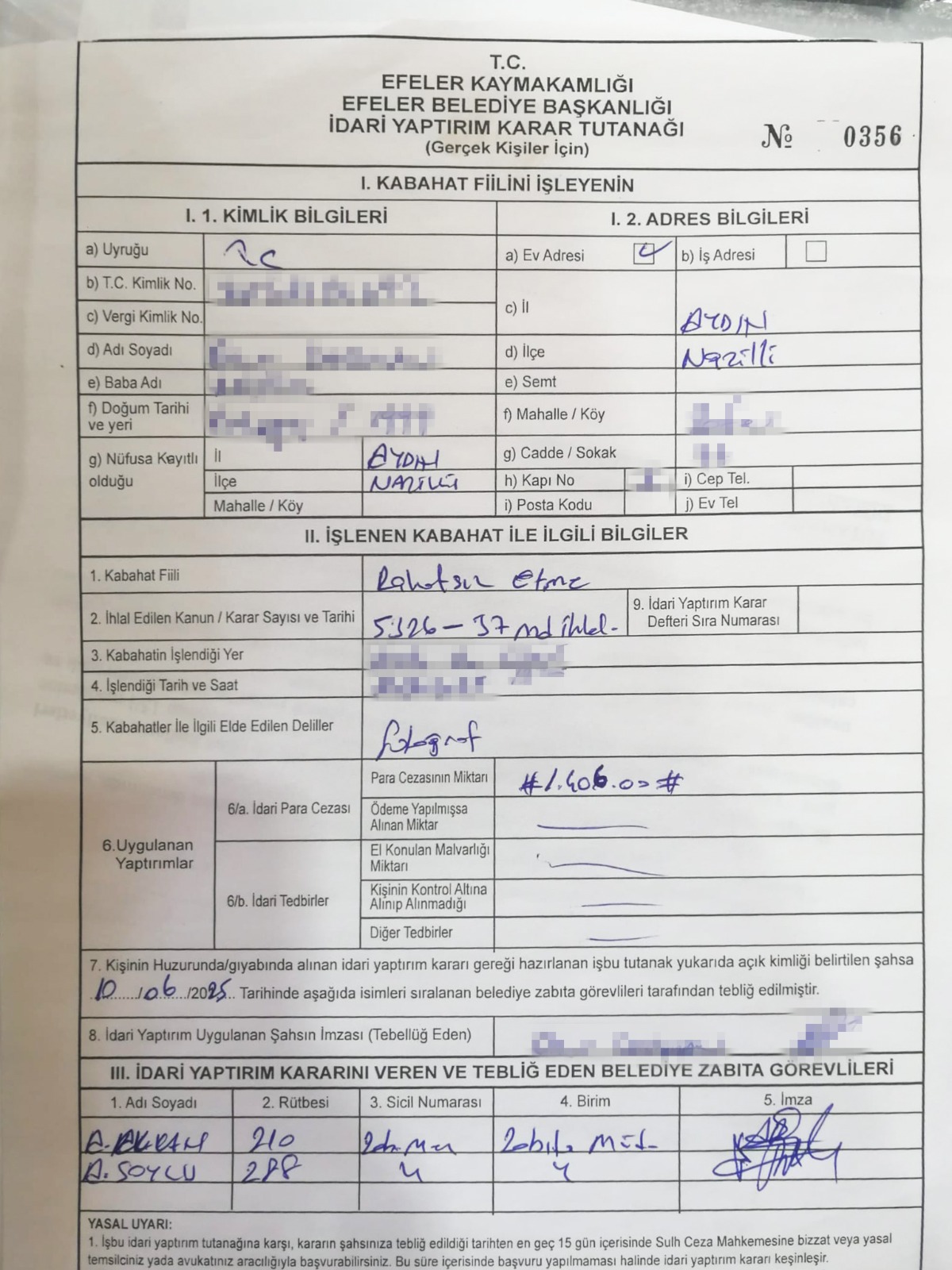 EFELER’DEN GÜRÜLTÜ KİRLİLİĞİNE İDARİ PARA CEZASI