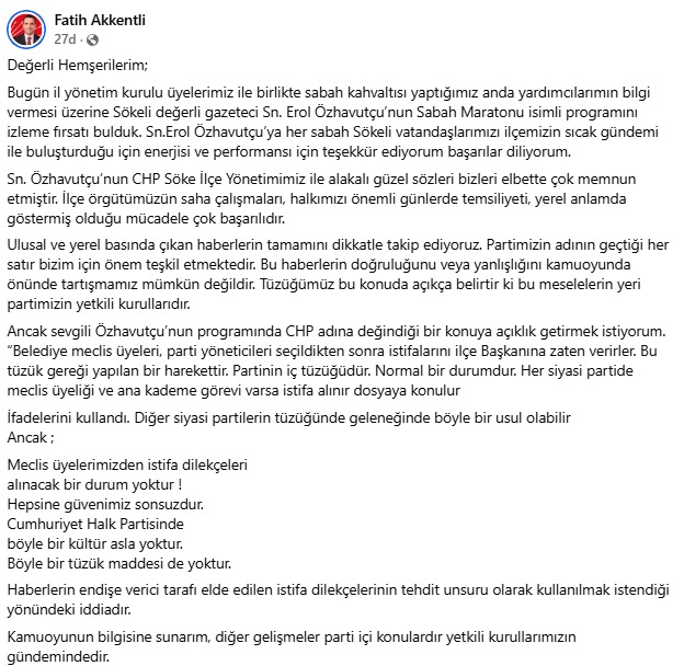 Fatih Akkentli’den “İstifa Dilekçesi” İddialarına Yanıt