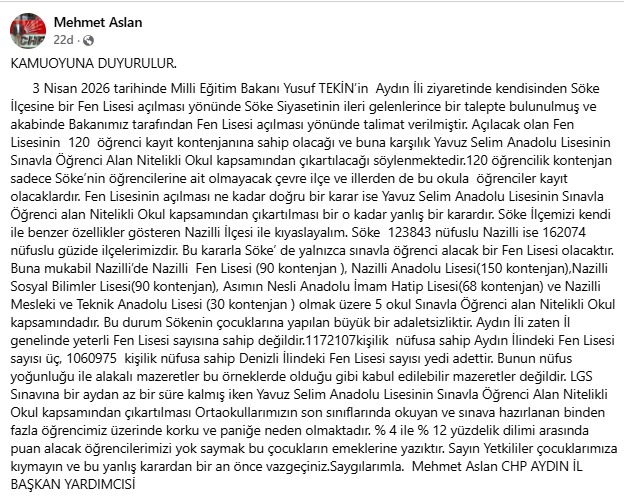 Söke’de Fen Lisesi Kararı Tartışma Yarattı: “Nitelikli Okul Statüsü Kaldırılmasın” Çağrısı