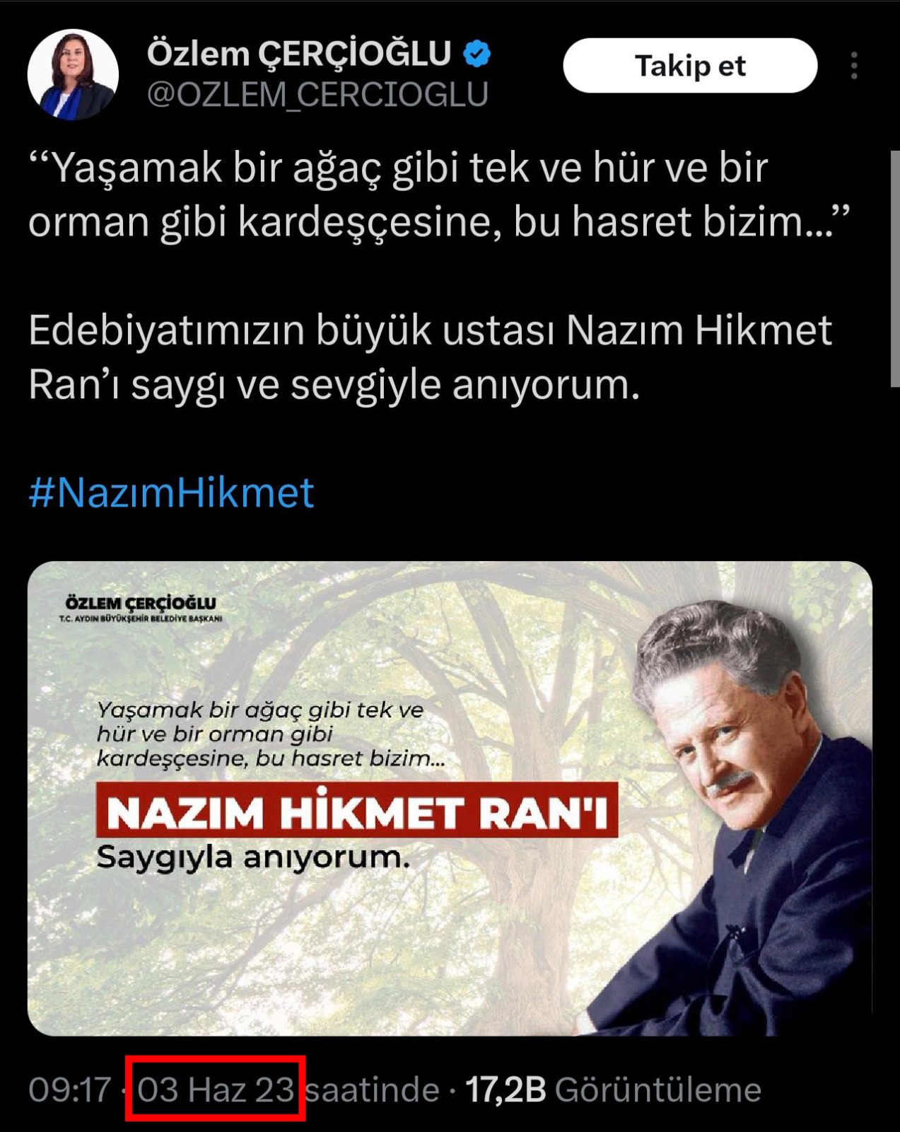 ÖZLEM ÇERÇİOĞLU AK PARTİ’YE GEÇİNCE NAZIM HİKMET’İ SESSİZLİĞE GÖMDÜ