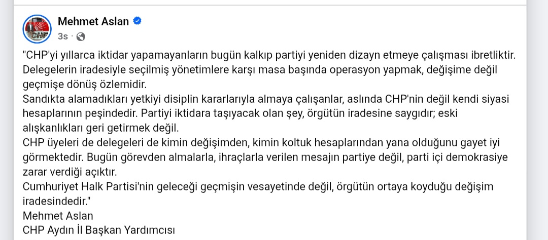 CHP Aydın İl Başkan Yardımcısı Mehmet Aslan: “Partinin Geleceği Örgütün Değişim İradesindedir”