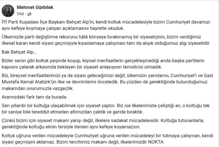 Mehmet Gürbilek'ten Behçet Alp'e sert yanıt
