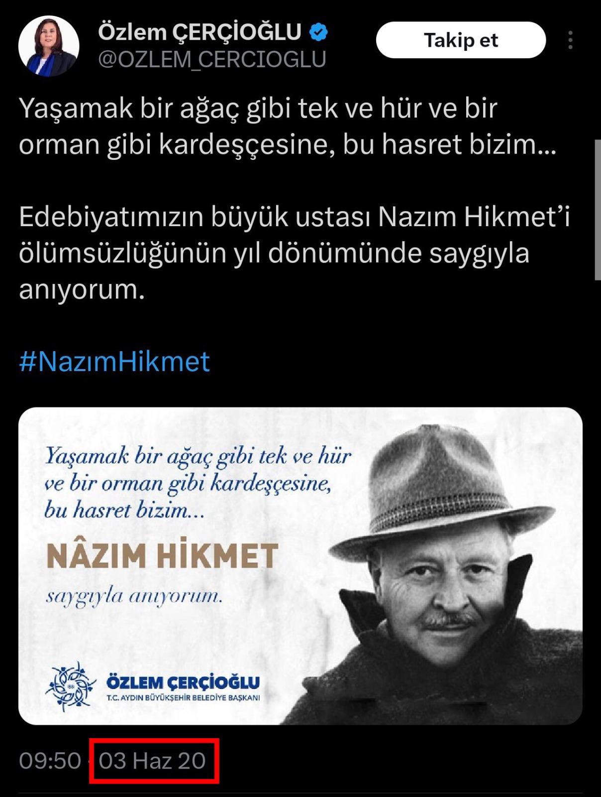 ÖZLEM ÇERÇİOĞLU AK PARTİ’YE GEÇİNCE NAZIM HİKMET’İ SESSİZLİĞE GÖMDÜ