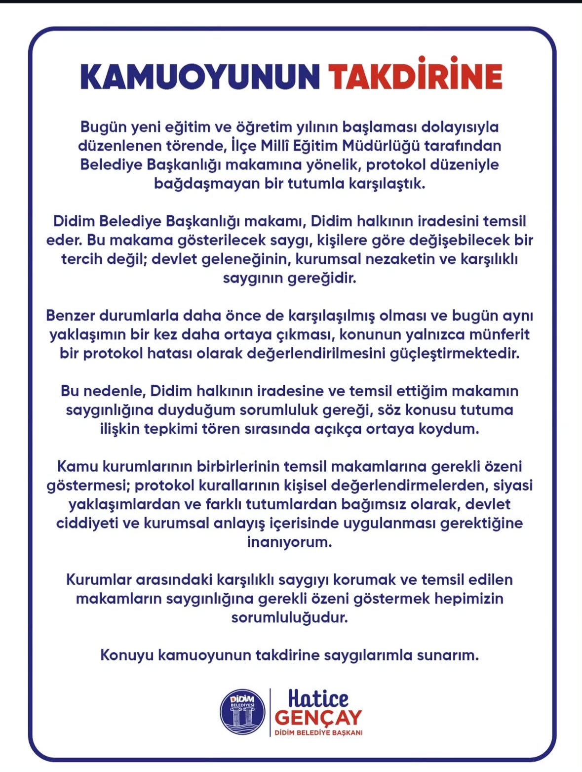 Didim Belediye Başkanı’ndan İlçe Milli Eğitim Müdürlüğü’ne Protokol Tepkisi
