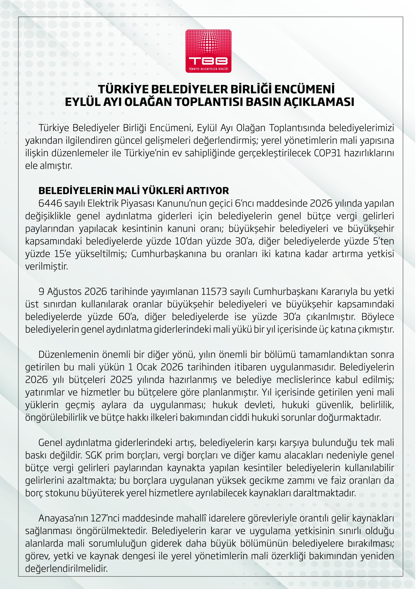 TBB ENCÜMENİ EYLÜL AYI OLAĞAN TOPLANTISI  BASIN AÇIKLAMASI